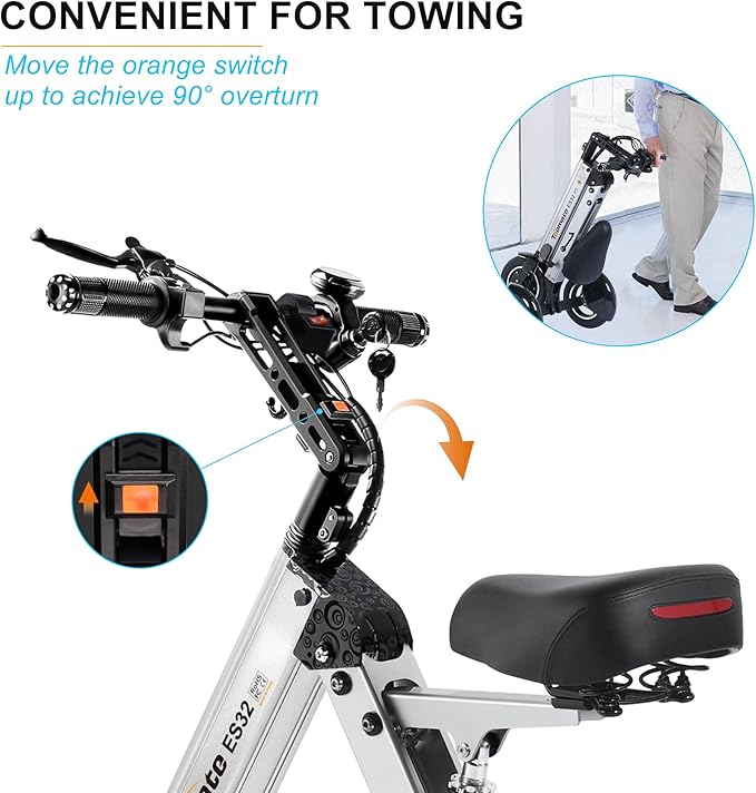 TopMate ES32 Electric Scooter 3 Wheels Foldable Trike with Seat for Adults, Light Weight Mobility with Reverse Function and Key Switch, 10 Inch Pneumatic Tires Tricycle