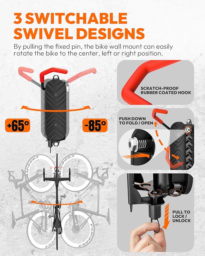 Swivel Bike Wall Mount Bike Rack Garage Organizer, Vertical Bike Hanger for Bicycle Rotating Wall Rack, Easy Installation with Wheel Hook (4 PACK)