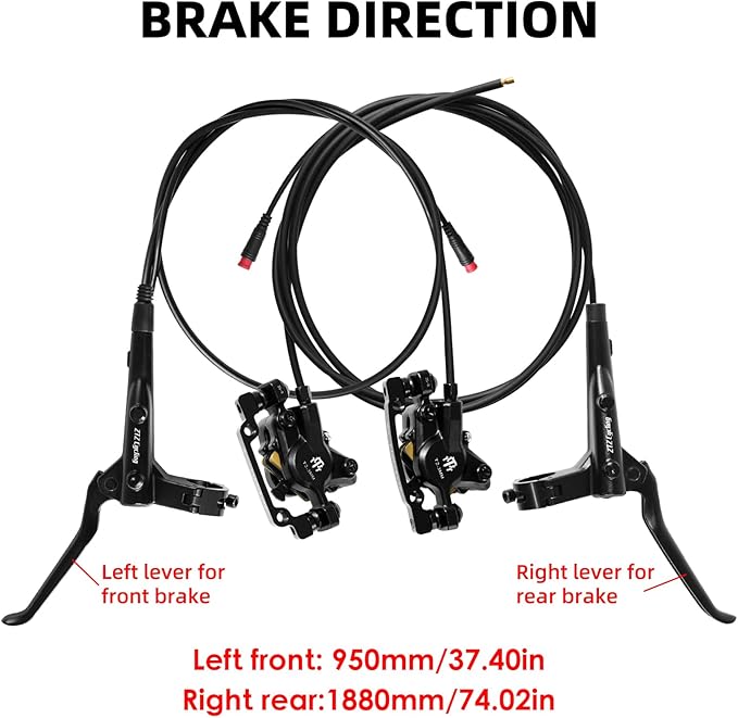 E-Bike Hydraulic Disc Brake Set, 2-PIN 2-Pistons Electric Power-Off Hydraulic Brakes Set, Left Front 950mm Right Rear 1880mm Pre-Bled with Mineral Oil Brakes Kit for eBike, MTB, Scooters