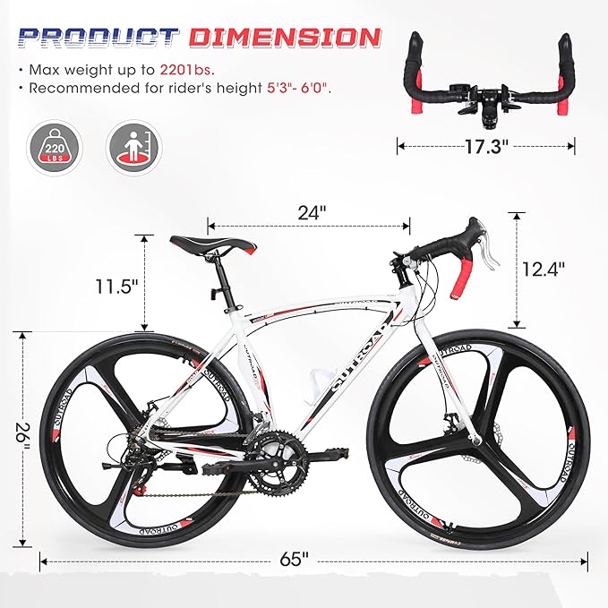 Outroad Hybrid Bikes, 26 inch 14/21 Speed 700C Wheel Road Bike with Light Aluminum Alloy Frame Commuter Bicycle with Dual Disc/V Brakes for Adult Women and Men Blue,Red,Black,White