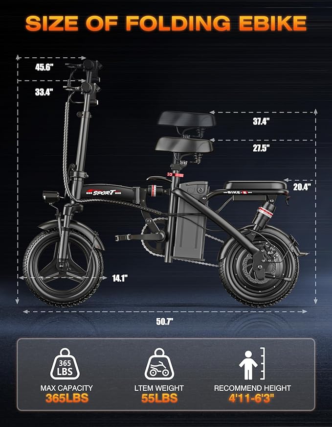 Electric Bike for Adults Teens, 1200W Peak Motor, 25MPH Folding E-Bike, 480/720Wh Battery, 45 Miles Range, Advanced 6/8 Point Suspension, 14" Compact Electric Bicycle with Pedals for Commuting