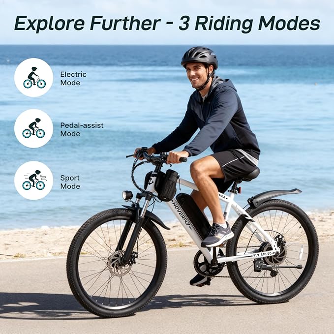 HOVERFLY OUREA 26" Electric Bike for Adults, 750W Peak Motor Mountain Ebike, 20MPH Up to 40 Miles, UL2849 Certified, 7-Speed, Removable Battery, Shock Absorber, Fat Tire Commuter E-Bike