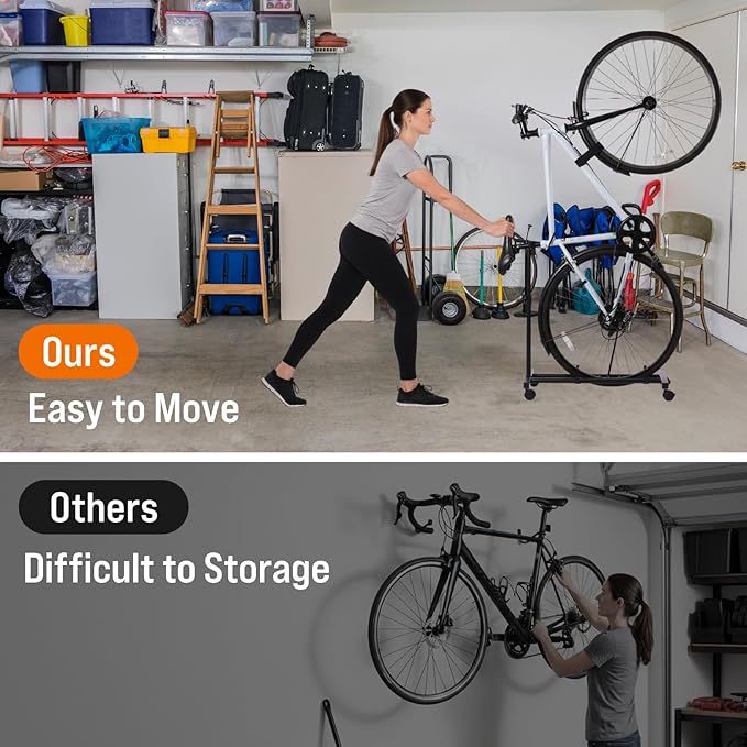 Japard Vertical Bike Stand with Wheels, Freestanding Indoor Bike Storage Rack Upright Bicycle Floor Stand with Adjustable Height for Garage - Wheels Sizes up to 29”