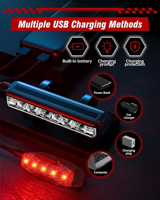 Bike Lights for Night Riding, USB Rechargeable Front Rear Light, Bicycle Headlight Set, Aluminum Light, IPX5 Waterproof Bike Headlight Taillight for Adult Kid Mountain MTB Off-Road Cycling