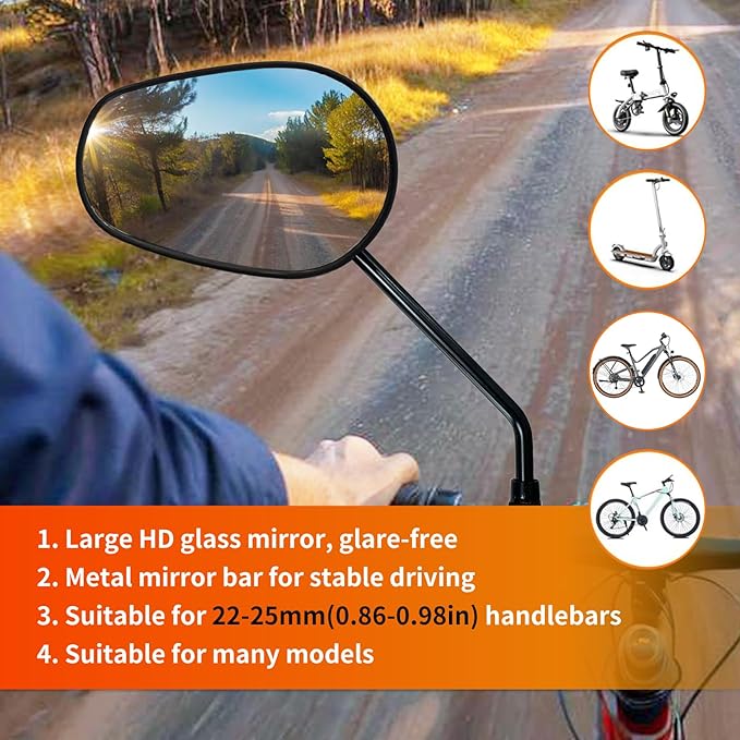 Bike Mirrors for Handlebar Mount, 2PCS Bike Rear View Mirror, HD Glass Bicycle Mirrors for E-bike, Mountain Bike, City Bikes & Scooter (Left&Right 0.87-0.98")
