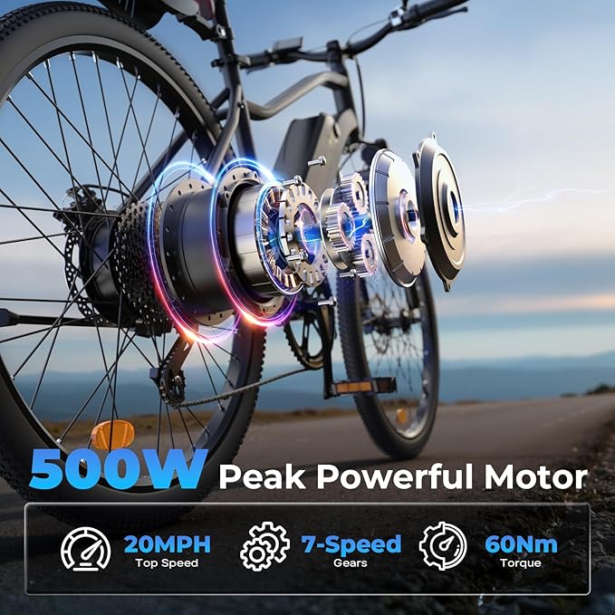 Electric Bike - 750W Peak Motor Electric Bicycle, 20MPH, 60 Miles, Removable Battery, Shock Absorber, 5 Speed E Bike, 26” Tire Commuter Electric Bicycle for Adults
