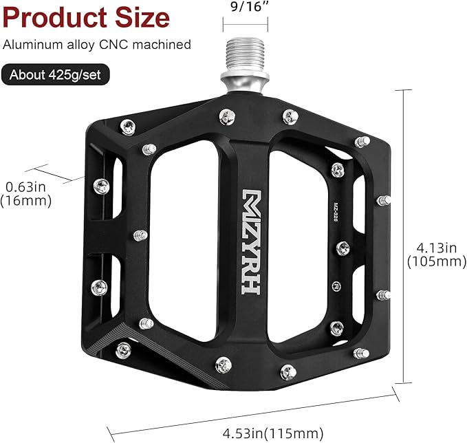 MZYRH Road/Mountain Bike Pedals MTB Pedals Aluminum Alloy Bicycle Pedals 9/16" Sealed Bearing Lightweight Platform for Road Mountain BMX MTB Bike