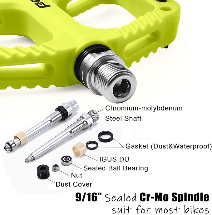 MTB Pedals Flat Mountain Bike Pedals Adult, Light and Wide Nylon Composite Bicycle Platform Pedal w Grippy Pins, 9/16" Cr-Mo Spindle 2 Bearings, Clipless Pedals for BMX Gravel Road E.Bike 9/16"