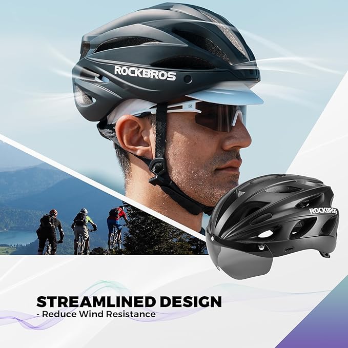ROCKBROS Bike Helmet for Adult Men Women with Suggested Fit 58-65cm, Detachable Magnetic Goggles & Sun Visor, Lightweight with Adjustable Side and Chin Strap, Suitable for Myopia Glasses