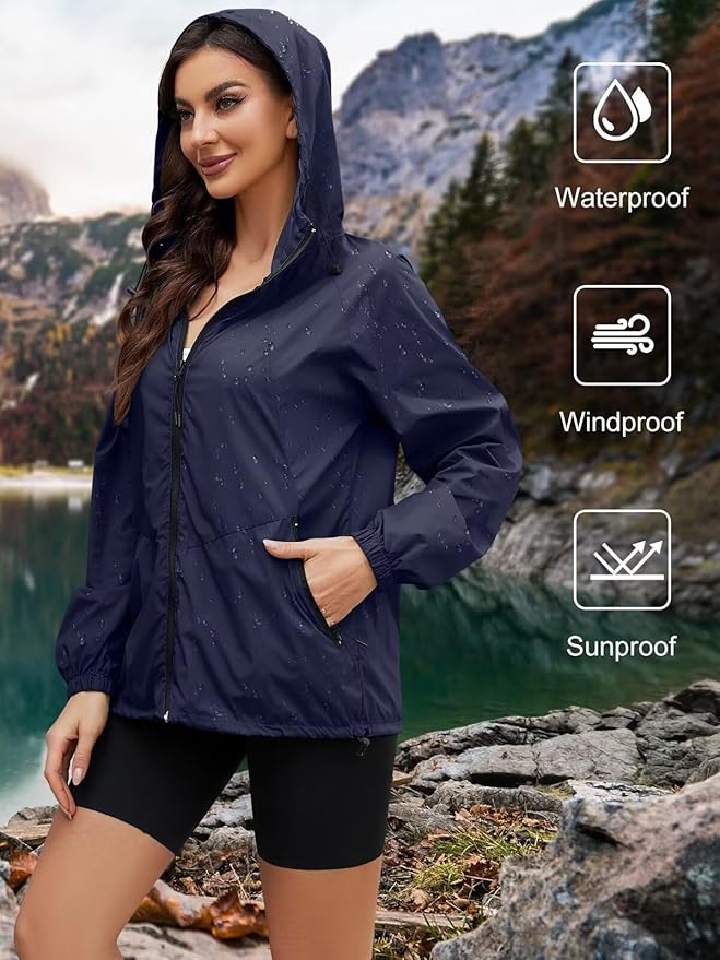 Packable Rain Jacket Women Waterproof Lightweight Jacket With Hood Womens Windbreaker Jacket S-XXL