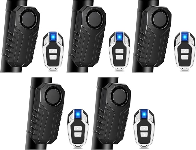 Bike Alarm with Remote,Bicycle Alarm Wireless,113dB Loud Bike Alarms for E-Bikes, Motorcycles, Scooter, Cars, Trailers, Luggage, Outdoor Riding and Cycling Safety IP65 Waterproof, 5Pcs