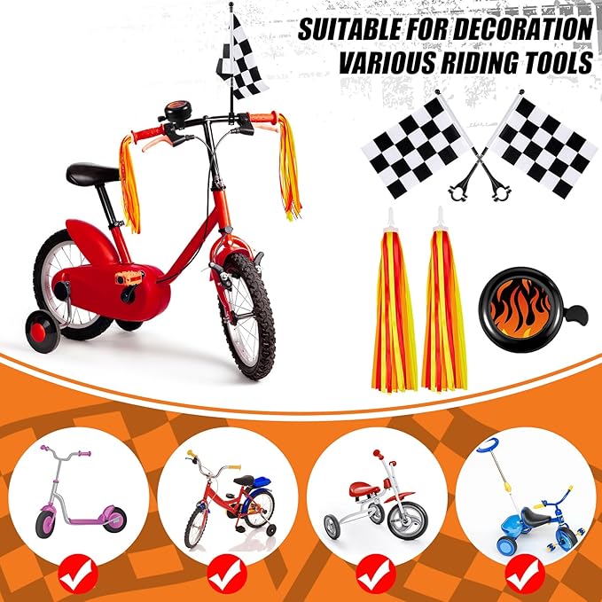 Liliful 5 Pcs Kids Bike Accessories Sets Include 2 Pcs Flame Bike Tassel Streamers Bell 2 Black and White Checkered Flags Pinwheel Toddler Kids Boys Girls Gift Decoration Kit