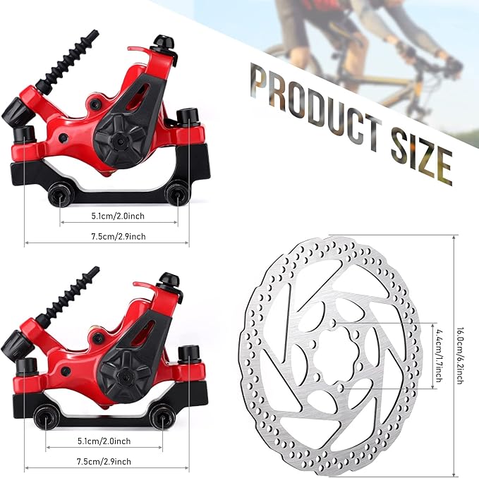 TOBWOLF 1 Pair Mechanical Disc Brake Kit, MTB Front & Rear Disc Brake Caliper with 160mm Rotor, Dual Piston Mechanical Disc Brake Set, Bicycle Accessories for Mountain Bike, Road Bike, BMX - Red