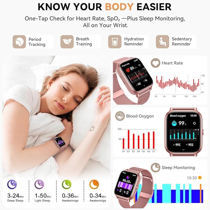 Smart Watch for Women Men- 1000mAh Battery Answer/Make Call, Fitness Step Tracker Watch with Sleep Monitor/Activity Counter/110+ Sport Mode for Andriod iPhone iOS Compatible - 3 Straps, Pink