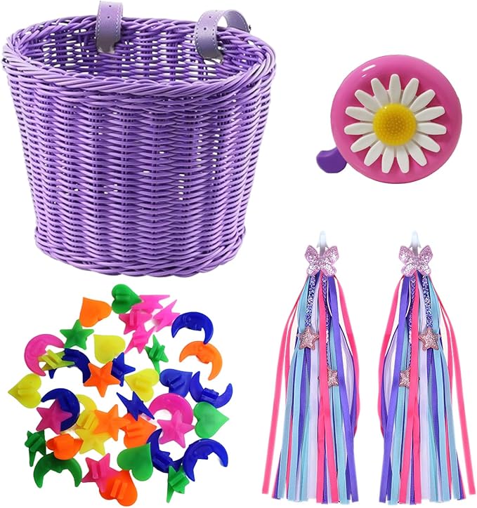Girl Bike Basket Kid Bicycle Basket with Bike Bell,Bike Streamers,Bike Spoke Beads Bike Accessories Set