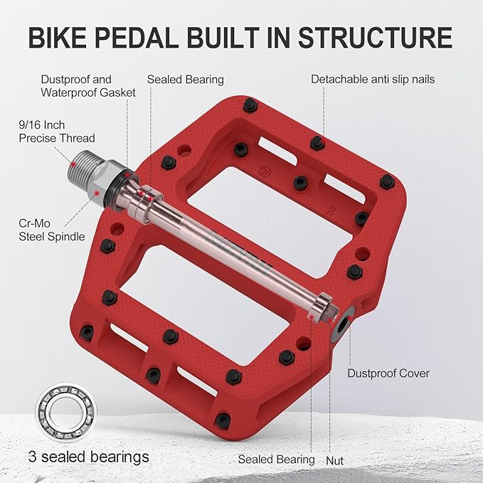 MZYRH Mountain Bike Pedals 9/16" 3 Sealed Bearings Lightweight Non-Slip Nylon Fiber Bicycle Platform Pedals for Road BMX MTB