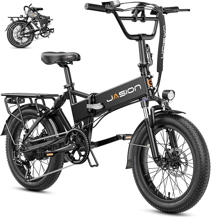 Jasion EB7 20" Foldable Electric Bike Fat Tire for Adults, 1200W Peak, 48V Removable UL-Certified Battery, 28MPH 55 Mi Range Commuter Electric Bike with Dual Suspension for City,Beach,Snow,Mountain