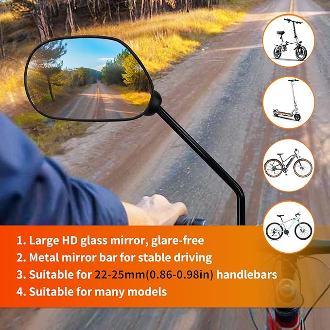 2PCS Bike Mirrors for Handlebar Mount, Bike Rear View Mirror, HD Glass Bicycle Mirrors for E-bike, Mountain Bike, City Bikes & Scooter (Left&Right 0.87-0.98")