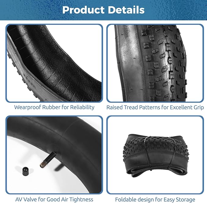 2 Pack 20x4.0 Fat Tire and Tubes Set, Folding 100-406/20 x 4 Fat Tire for Ebike, 20 Inch Fat Bike Tires with AV Valve Inner Tubes, All Terrain Electric Bike Tires for Snow, Sand, Street