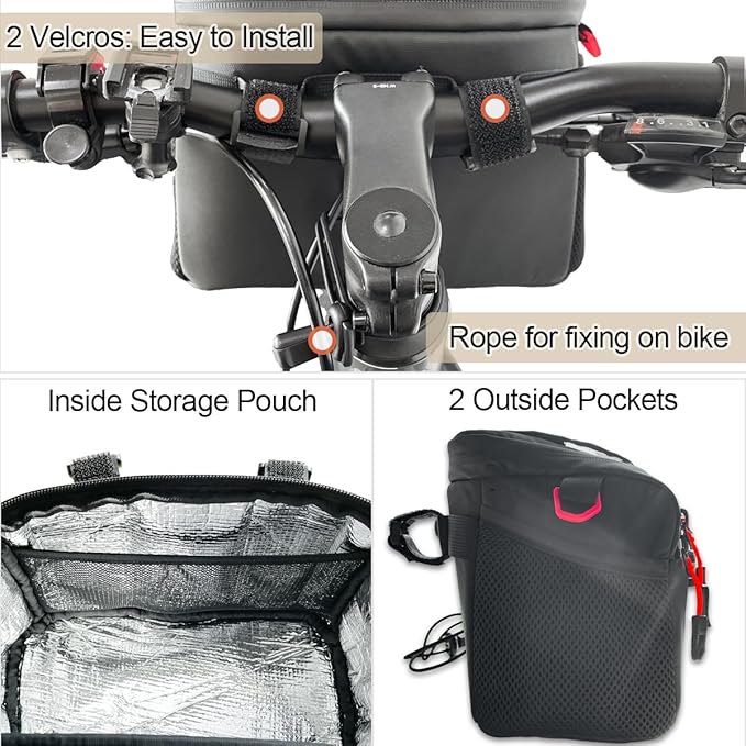 Bike Handlebar Bag, Insulated Cooler Front Frame Bag with Touch Screen Phone Holder, 4L Water Resistant Bicycle Basket Storage Pouch, Convertible Shoulder Pack for Ebike MTB Road