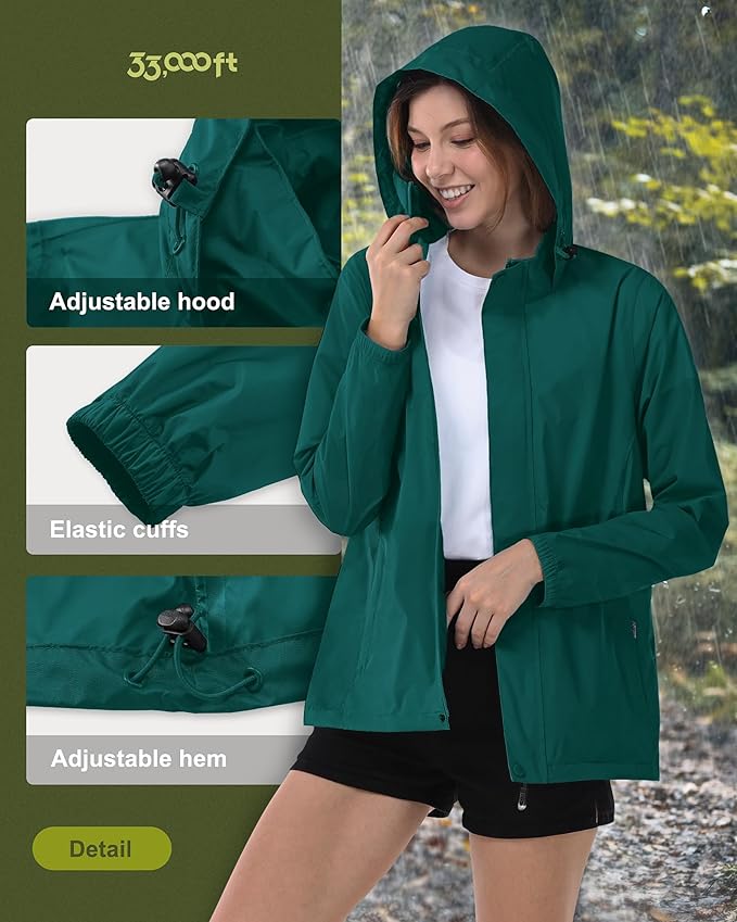33,000ft Women's Rain Jacket Waterproof Lightweight Packable Raincoat with Hood for Golf Hiking Travel Windbreaker