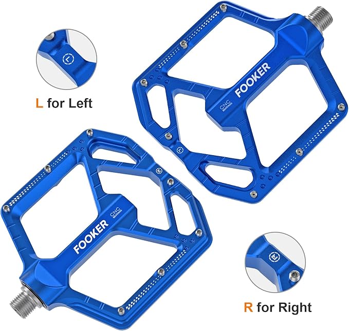 FOOKER Mountain Bike Pedals,Non-Slip Bicycle Flat Pedals Aluminum 9/16",MTB Pedals Wide Platform Pedals for Mountain Bike, BMX, Road Bike Pedals