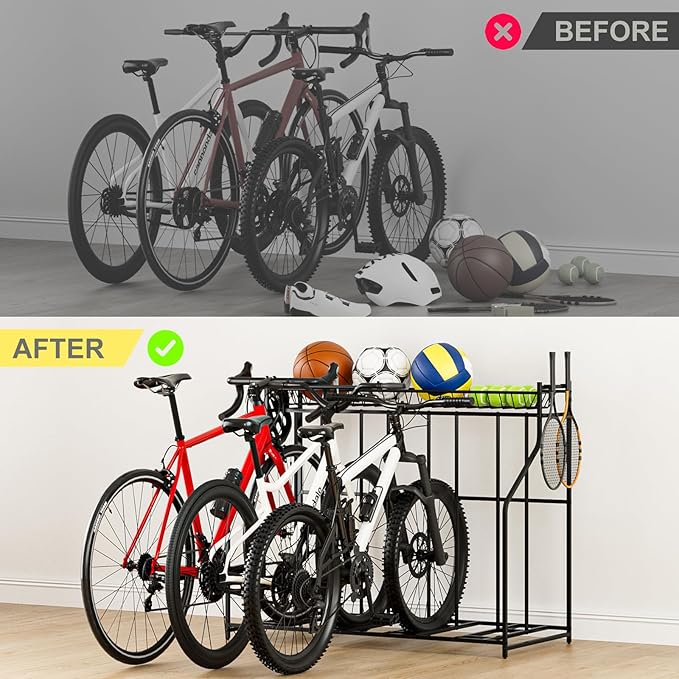 4 Bike Stand, Bike Rack Garage with Storage Rack, Bicycle Stand for Garage Organizer, Indoor Sporting Gear Storage Station for Mountain/Road/Hybrid & Fat Tire Bike