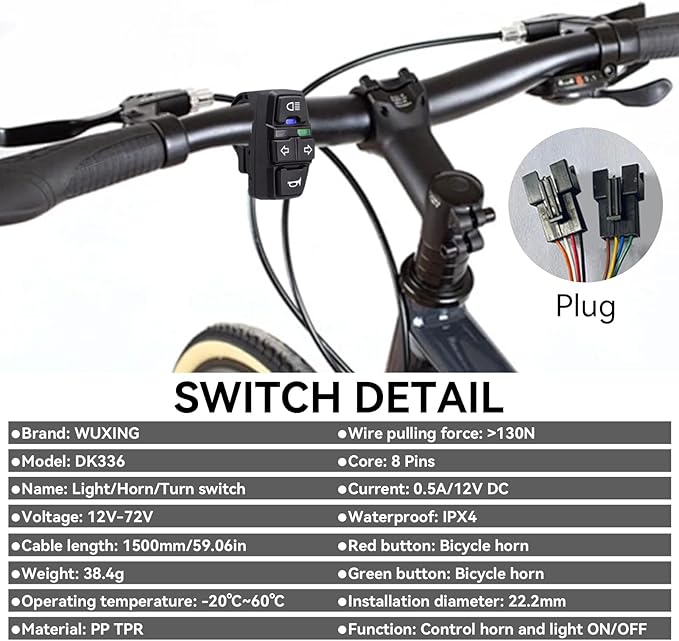 Ebike Headlight and Tail Light Sets, Ebike Light Kit Front Rear Warning Lights with Turning Light, Brake Light, Horn for Riding Cycling