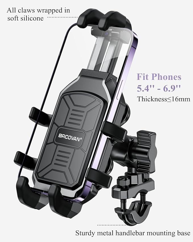 BRCOVAN Motorcycle Phone Mount Holder with Vibration Dampener, Anti-Shake Handlebar Cellphone Cradle for Bike Bicycle Scooter ATV, Adjustable Fit 5.4-6.9'' Smartphone