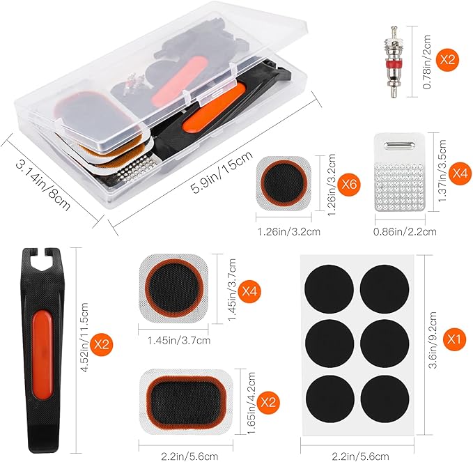 Oumers Bicycle 26-Piece Tire Repair Tools, Bike Tire Patch Repair Kit Tube Repair Kit with Vulcanizing Patches, Self-Adhesive Patchs, Schrader Valve Core, Metal Rasp, Lever, Storage Box(No Glue)