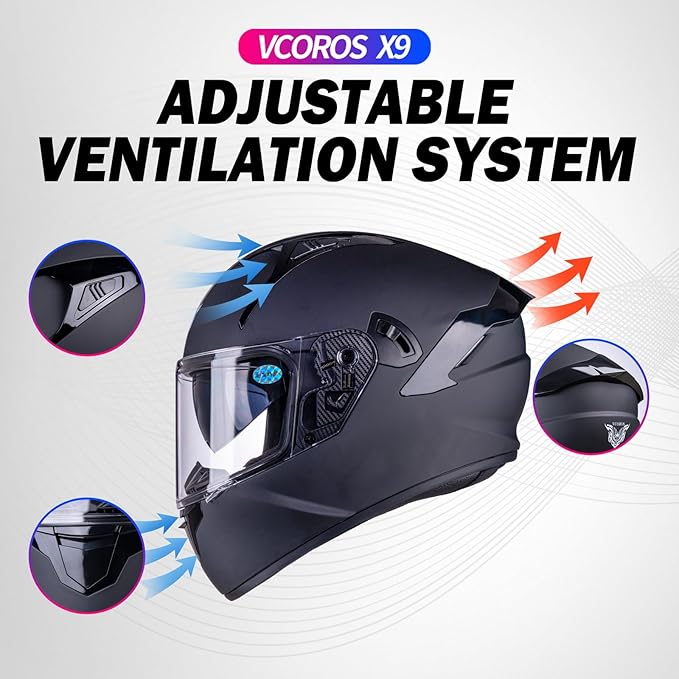VCOROS Full Face Dual Visor Motorcycle Helmet for Adults Motorbike Street Bike Racing Helmets X9 DOT Approved with Black Visor