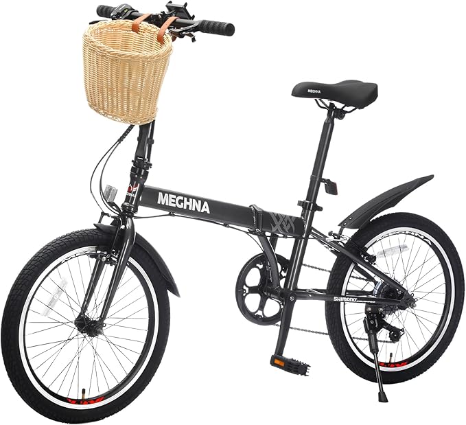 20 Inch Folding Bike for Adults, 6-Speed Bicycle with Steel Frame, Quick-Release Foldable Design, Includes Basket, Phone Holder & Fenders, Dual V-Brakes, Portable Compact Bike for Men & Women