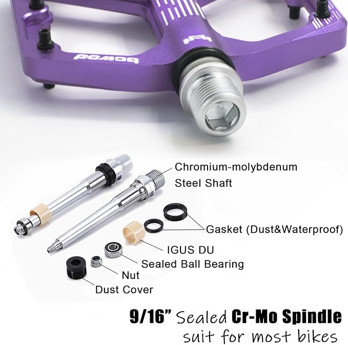 MTB Pedals Flat, Gravel Bike Pedals Flat, Light CNC Aluminum Alloy Platform Pedal w 3 Bearings Cr-Mo Spindle, Grippy Bicycle Pedals w 16pcs Pins, Mountain Bike Pedals Adult Child BMX Bike 9/16"