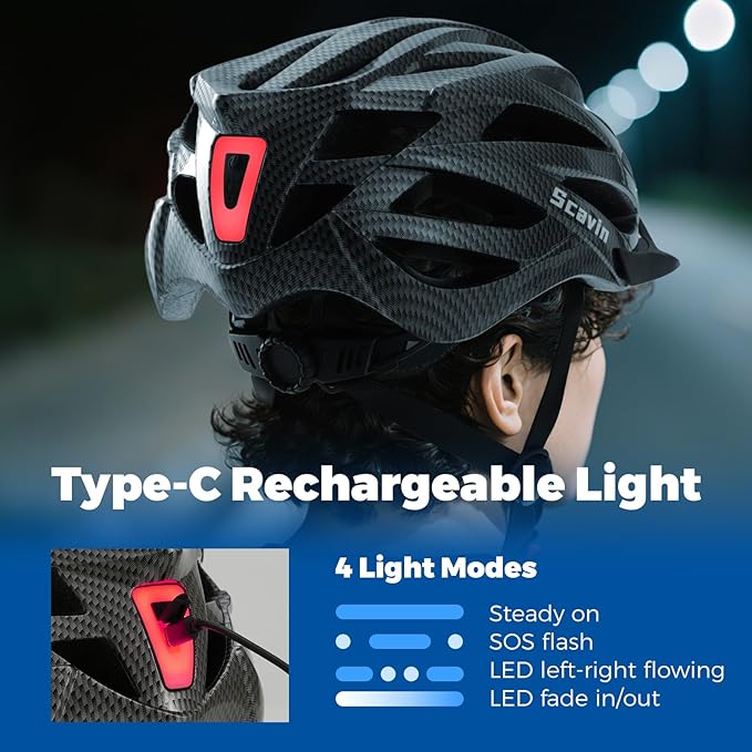 Adult Mountain Bike Helmet with Rear Light Adjustable Dial, Removable Visor - CPSC 1203 Certified Lightweight Bicycle Helmet for Urban-Commute, Road & MTB for Men, Women, Youth