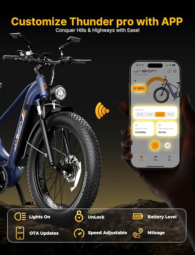 Jasion Thunder/PRO/ST Electric Bike,2000W/1800W Peak Ebikes for Adults,26''Fat Tire Best Ebike for Men,90/80 Miles with 1040Wh/864Wh Battery,35/30+MPH Max Speed Bicycles,500/400LB Capacity