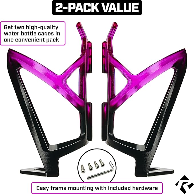 Revere Ultra-Light Bike Water Bottle Holder – Durable Bicycle Bottle Cage for Road, MTB, & Mountain Bikes – 2-Pack with Screws & Installation Tool – Premium Cycling Accessories (Purple/Black)