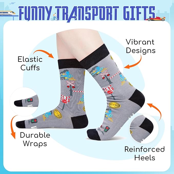 Zmart Transportation Gifts for Adult - Train Race Car Truck Bicycle Motorcycle Socks for Men