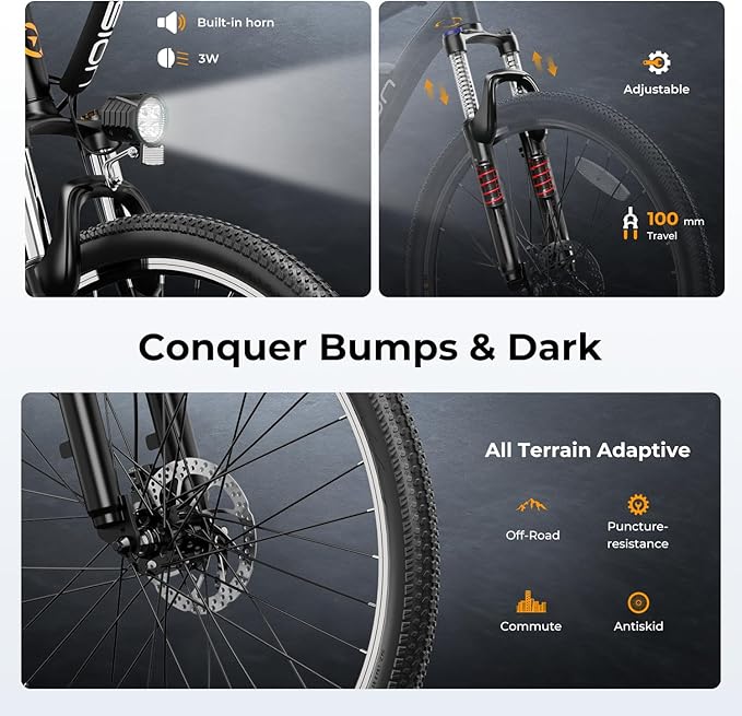 Jasion EB5 Electric Bike for Adults with Peak 1000W Brushless Motor, 40Miles 20MPH Commuting Electric Mountain Bike with 360Wh Removable Battery, 7-Speed, 26" Tires and Front Fork Suspension