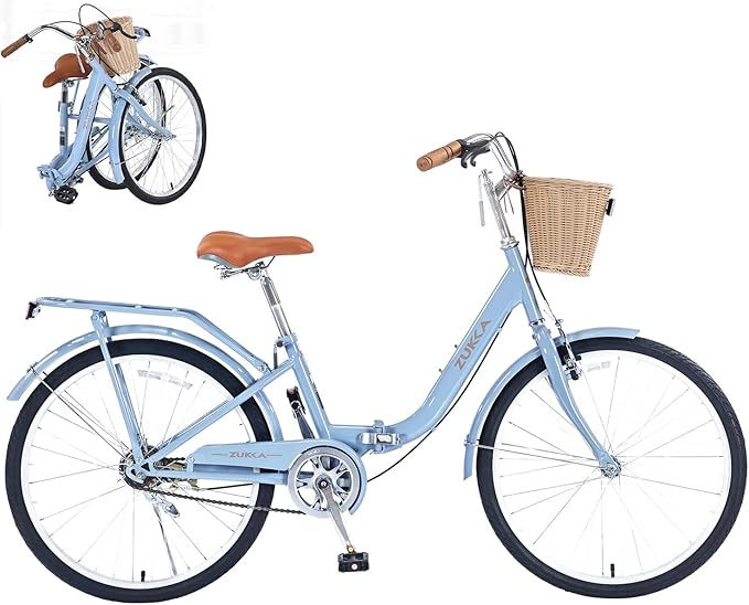 24/26 inch Female Bicycle Single Speed Folding Lady Bike, Durable Steel Frame,Compact Design for Easy Storage and Commuting Multi Color