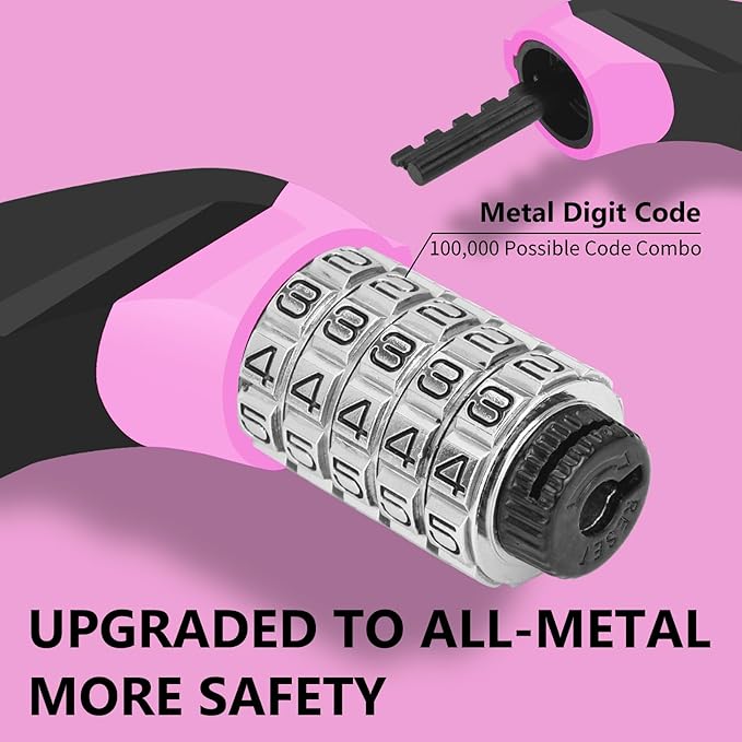 Bike Chain Lock Upgrade Metal Digital Dials 3.2Ft Long High Security Heavy Duty Anti Theft, 5 Digit Combination Keyless Bicycle Lock for Bike/Electric Scooter/Ebike/Motorcycle(Pink)