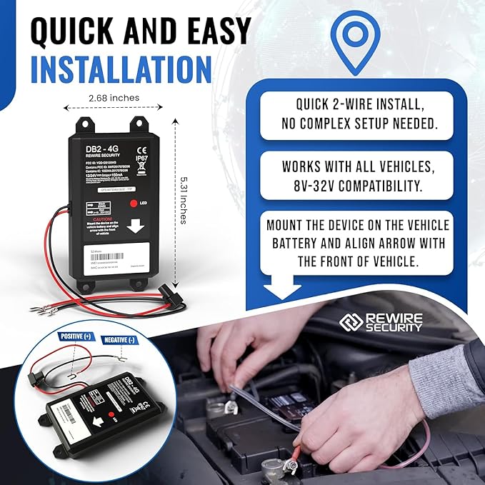 REWIRE SECURITY DB2-4G GPS Tracker for Vehicles – Real-Time Vehicle Tracking Device for Car, Van, Motorhome | Easy Battery Install | Live App Tracking | 4G Fleet Tracking | Low Cost Subscription Plan