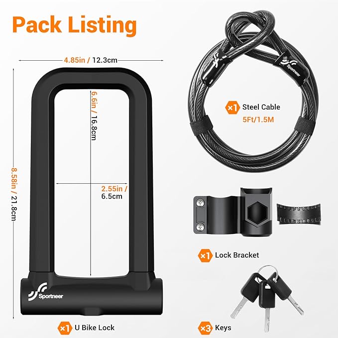 Sportneer Bike Lock: 18mm Heavy Duty Anti Theft Bike U Lock with 5ft Security Steel Cable - Shackle Bicycle U-Locks with 3 Keys & Mounting Bracket for Road Mountain Electric Bike, Size 8.58'' x 4.85''
