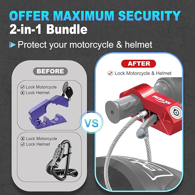 Motorcycle Lock Combo - Helmet and Brake Anti-Theft Grip for All Motorcycle, Bike, ATV, Scooter With Handlebar Diameters Within 1.3-1.5 Inches (Red)