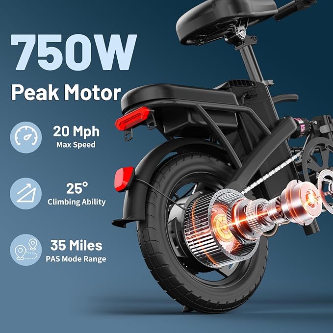 Foldable Electric Bike for Adults and Teens, 750W Peak Motor Ebike, 14" Folding E-Bike with 20 MPH, 30-35 Miles PAS Range, Electric Bicycle with 48V Removable Battery