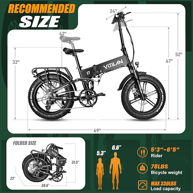 VITILAN I7 Pro 3.0 Electric Bike, 1200W Motor & 48V 20Ah Sam-Sung Battery, App with Location, 20" Fat Tire Folding Ebike, All-Terrain Full Suspension, Hydraulic Brakes, Fit for Short People