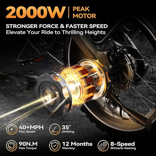 2000W/3000W Peak Motor Electric Bike for Adults, 48V/52V 25AH/30AH Battery Full Suspension Foldable Ebike, 20"x4.0" Fat Tires 35MPH Dirt Bike, 100/120 Miles Hydraulic Brake Magnesium Alloy Motorcycle