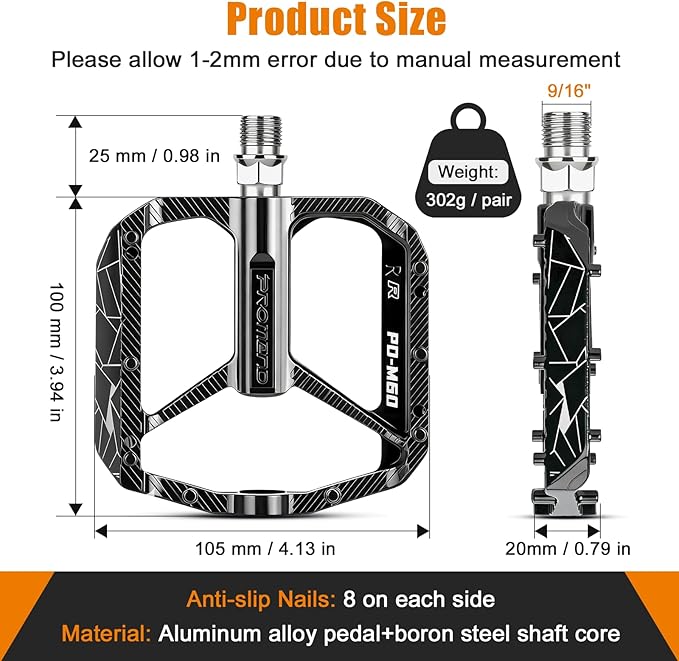 SYACHI Bike Pedals, Mountain Bike Pedals with Non-Slip Pins, 9/16 Inch Aluminum Alloy Bicycle Pedals for MTB Road BMX Bikes - Wide Paltform & Lightweight, Black