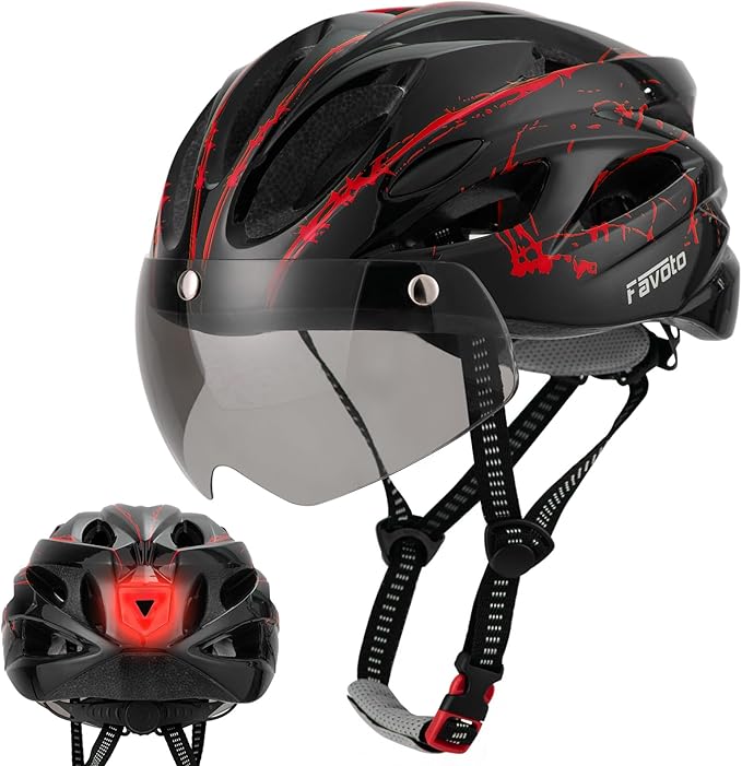 Favoto Bike Helmet Adult - Bicycle Helmet for Men Women Lightweight Cycling Helmets with Led Light Detachable Magnetic Goggles, Breathable Road Bike Mountain Ebike Helmets Adjustable Dial Fit