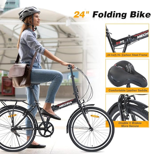 24 Inch Folding Bike for Adults, Steel Frame Single Speed City Commuter Bicycle, Dual V-Brake Portable Compact Bike with Fenders for Men Women