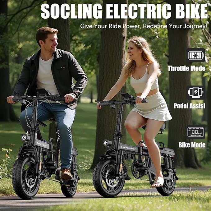 Adult Electric Folding Ebike 1200W Peak Rated 500W Motor 48V 15Ah- Max 28MPH High-Speed, Level 3 Assist, Dual Disc Brakes, 14" with Pedal Assist, Folding Bicycle for Commuter